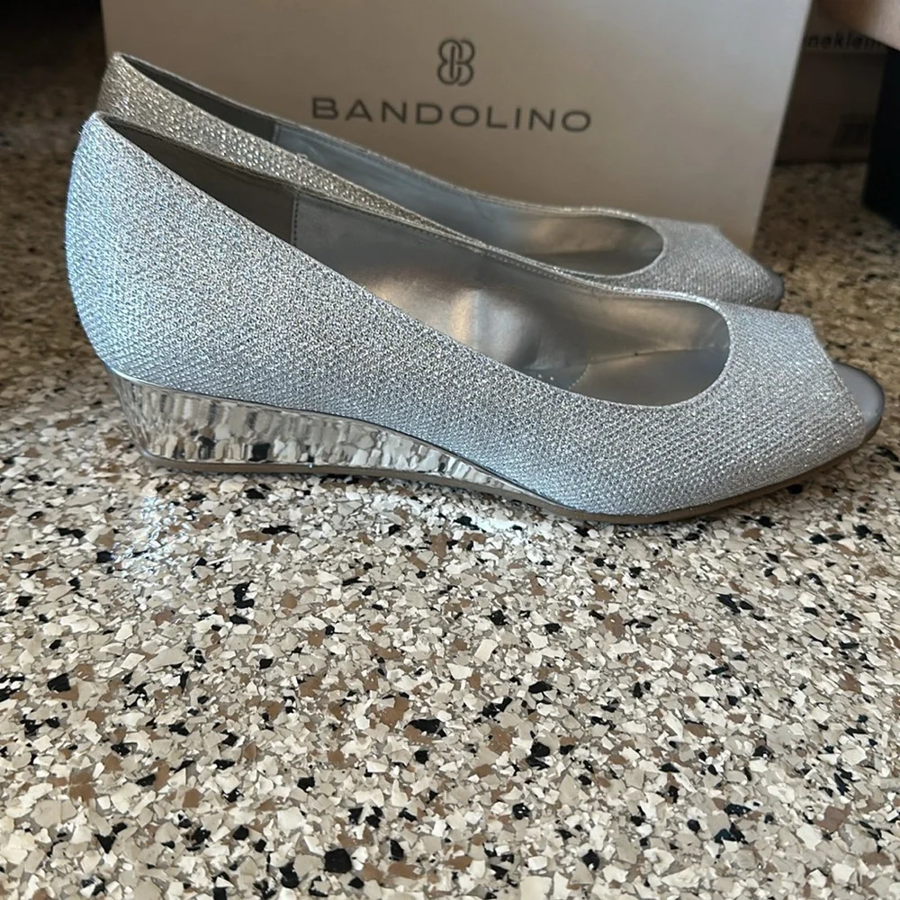 Bandolino Silver Sparkle Peep-Toe Wedge Pumps